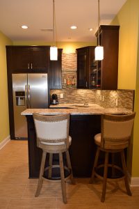 Basement Transformation Bar, Granite Counters, Tile Backsplash